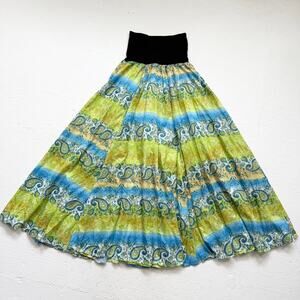 Green Blue Paisley Metallic Lined Maxi Skirt, Size Small–Medium